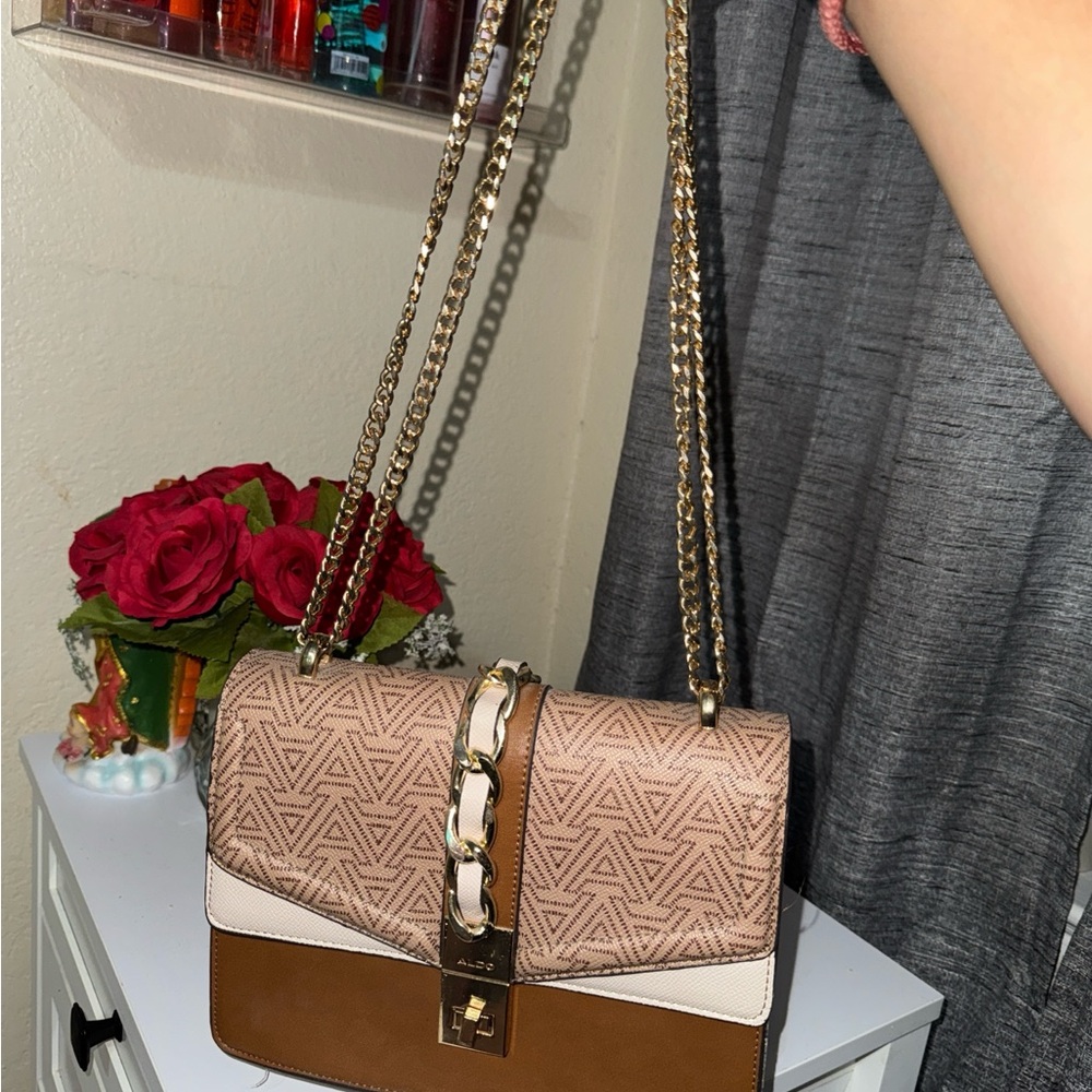 Aldo Brown and Cream Geometric Shoulder Bag